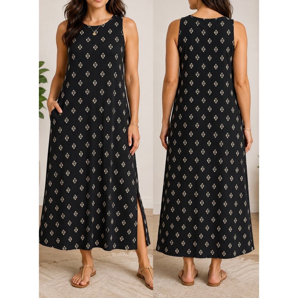 J.Jill Dress MED Black Maxi Swing Medallion Print stretch Cottagecore Dress